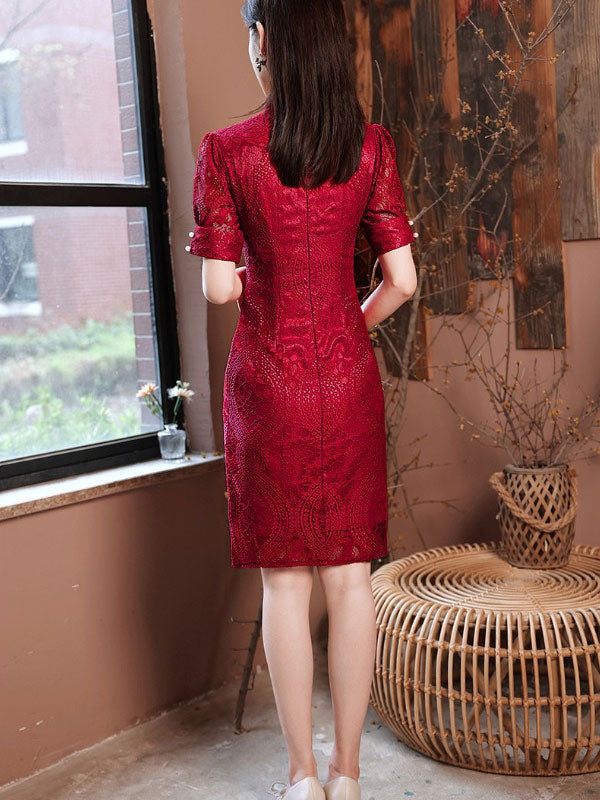 Red Lace Wedding Bride Qipao Cheongsam Dress