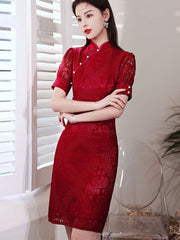 Red Lace Wedding Bride Qipao Cheongsam Dress