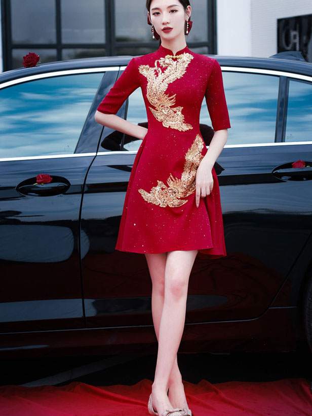 Red Sequined Phoenix A-Line Wedding Cheongsam Qipao Dress