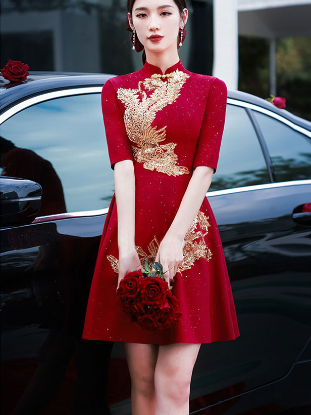 Red Sequined Phoenix A-Line Wedding Cheongsam Qipao Dress