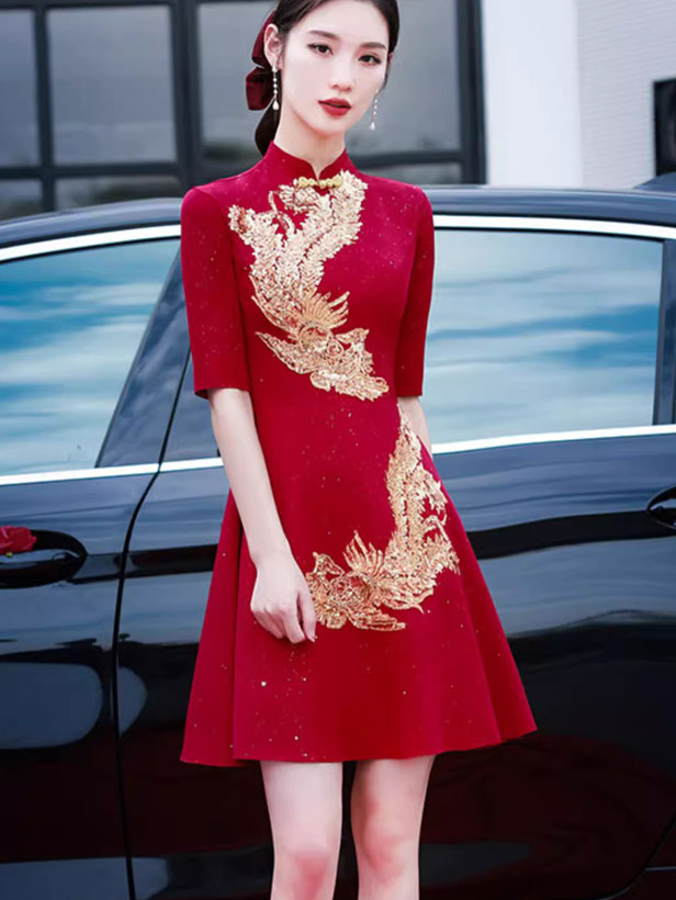 Red Sequined Phoenix A-Line Wedding Cheongsam Qipao Dress