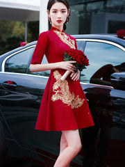 Red Sequined Phoenix A-Line Wedding Cheongsam Qipao Dress