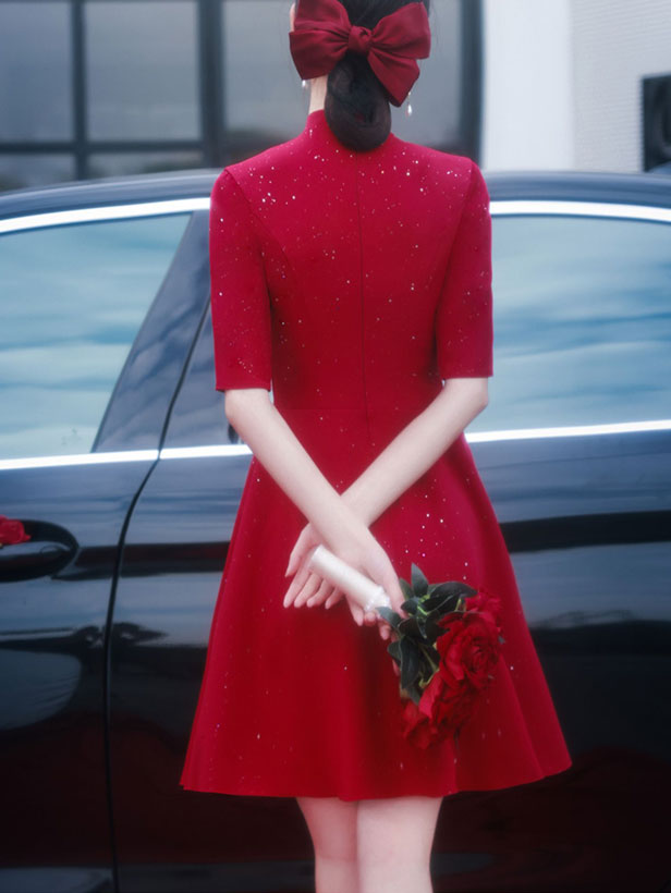 Red Sequined Phoenix A-Line Wedding Cheongsam Qipao Dress