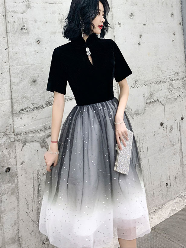 Black Shimmery Star Midi A-Line Qipao Cheongsam Dress