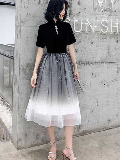 Black Shimmery Star Midi A-Line Qipao Cheongsam Dress