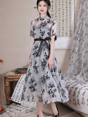 Gray Floral Belt A-Line Midi Cheongsam Qipao Dress