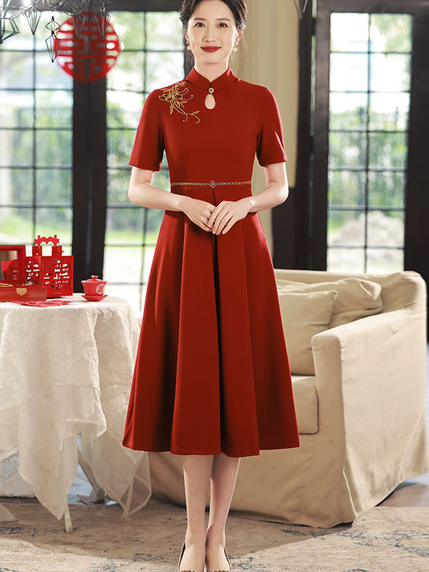 2023 Red Bridal Mothers Midi A-Line Qipao Cheongsam Dress