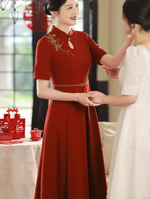 2023 Red Bridal Mothers Midi A-Line Qipao Cheongsam Dress