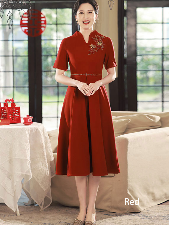 2023 V-neck Beads Appliques Bridal Mothers Midi A-Line Dress
