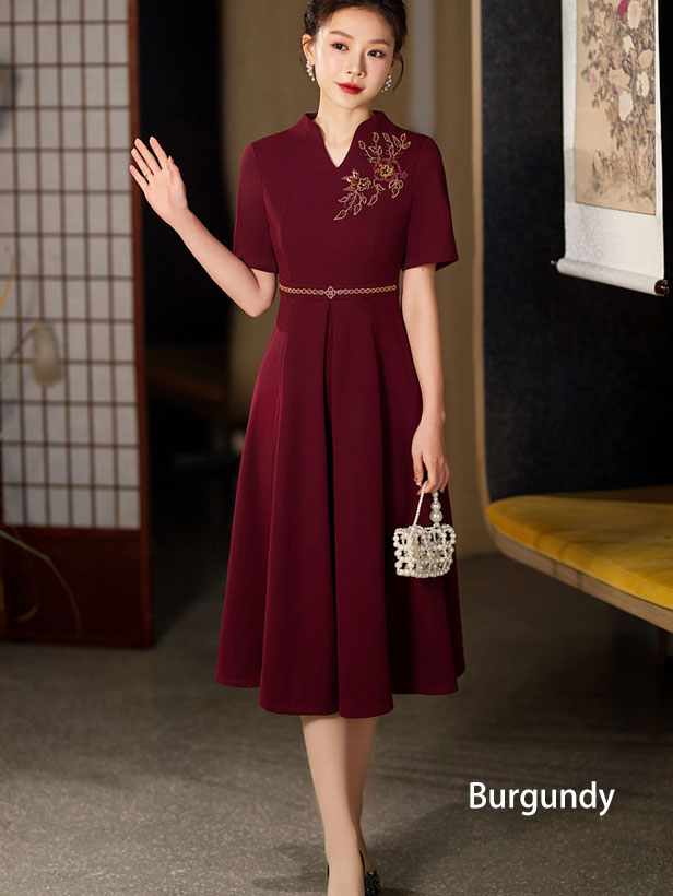 2023 V-neck Beads Appliques Bridal Mothers Midi A-Line Dress