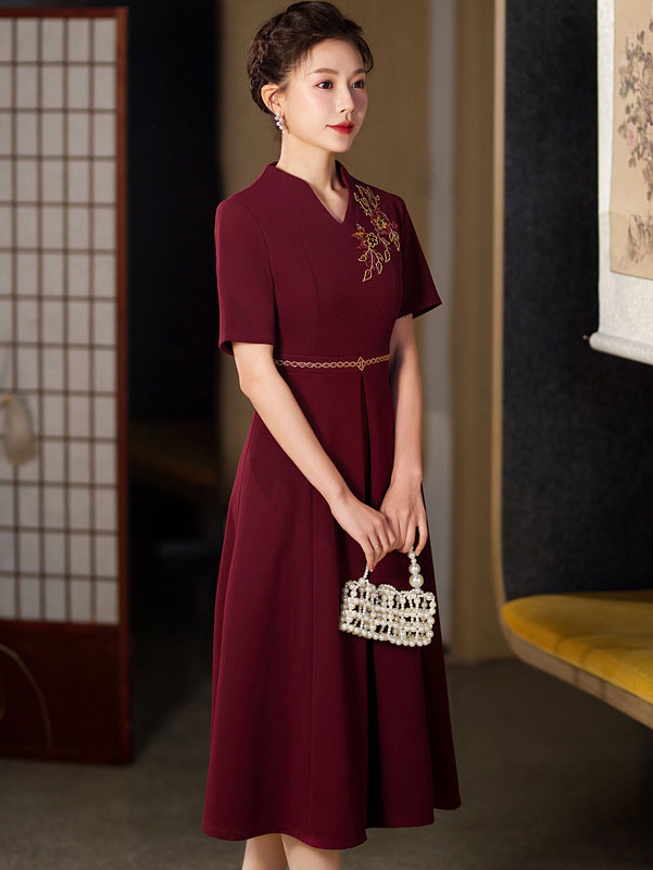 2023 V-neck Beads Appliques Bridal Mothers Midi A-Line Dress