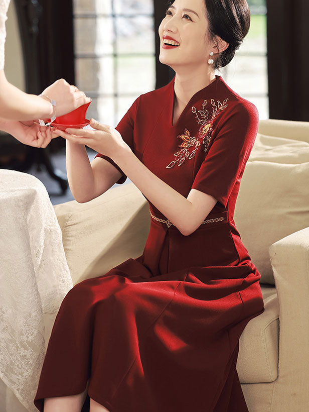 2023 V-neck Beads Appliques Bridal Mothers Midi A-Line Dress