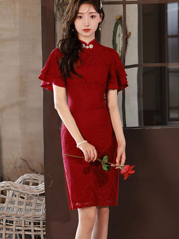 Red Lace Flutter Sleeve Wedding Qipao Cheongsam Dress