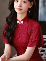 Red Lace Flutter Sleeve Wedding Qipao Cheongsam Dress