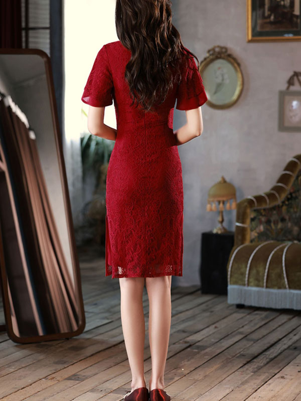 Red Lace Flutter Sleeve Wedding Qipao Cheongsam Dress