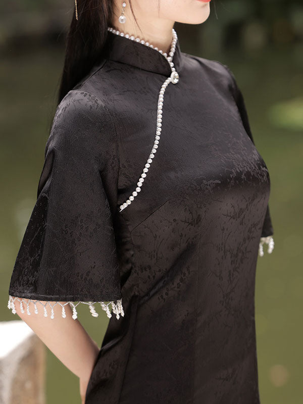 Black White Jacquard Bell Sleeve Cheongsam Qipao Dress