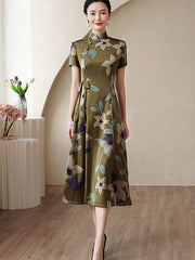 Green Floral A-line Mothers Qipao Cheongsam Dress