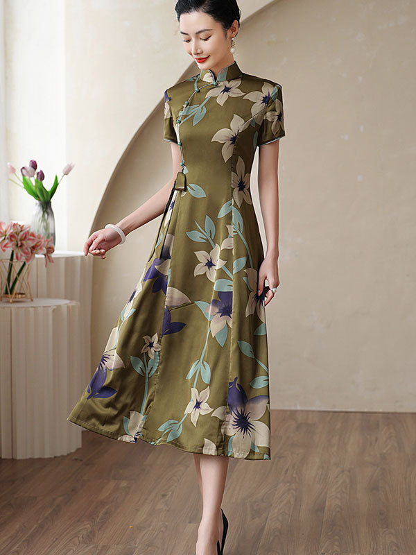 Green Floral A-line Mothers Qipao Cheongsam Dress