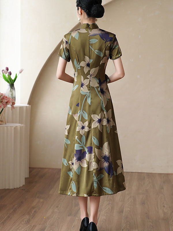 Green Floral A-line Mothers Qipao Cheongsam Dress