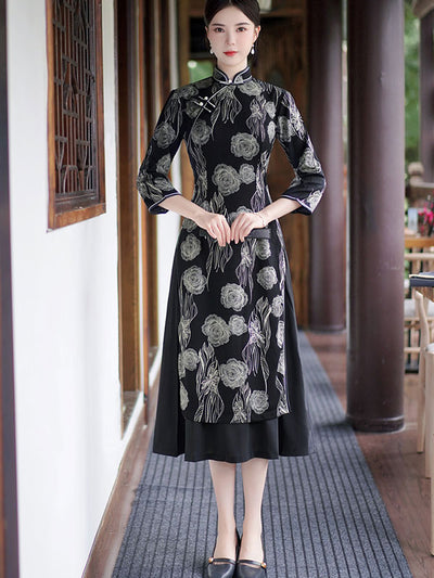 Black Floral A-line Mothers Qipao Cheongsam Dress