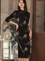 Black Beige Embroidered Midi Winter Cheongsam Qipao Dress
