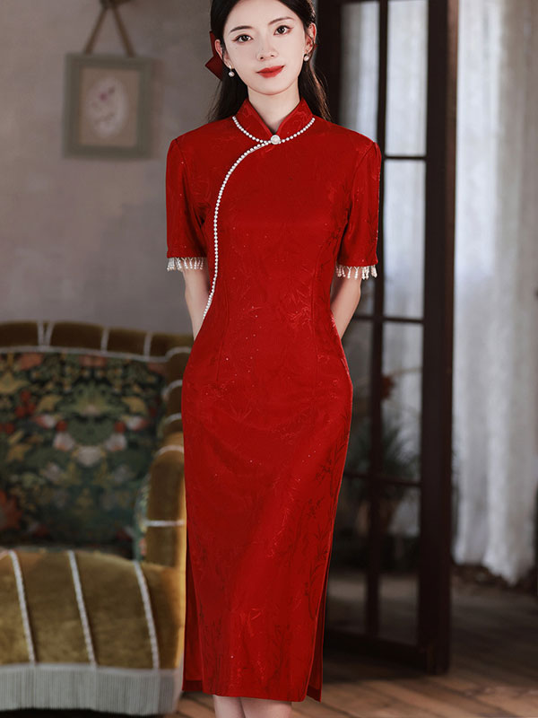 Red Shimmery Jacquard Wedding Bride Qipao Cheongsam Dress