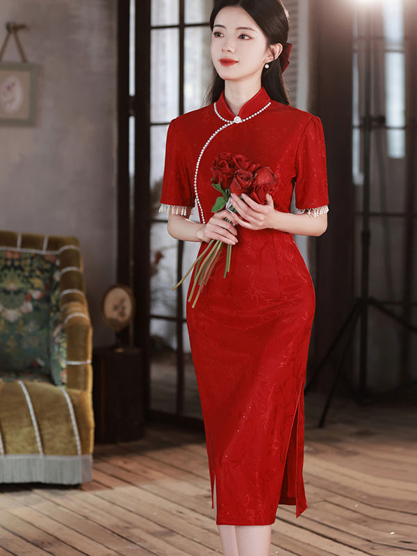 Red Shimmery Jacquard Wedding Bride Qipao Cheongsam Dress