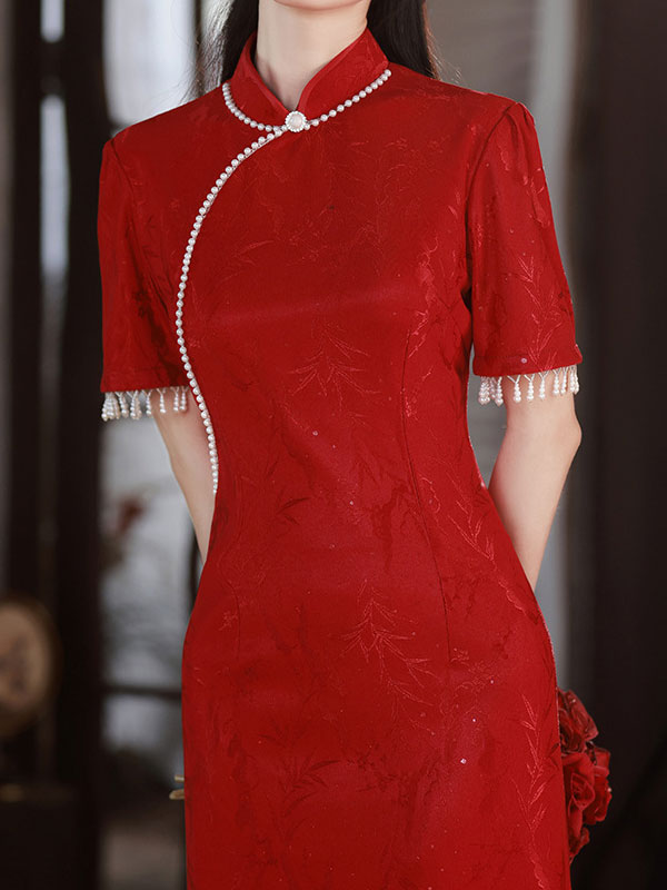 Red Shimmery Jacquard Wedding Bride Qipao Cheongsam Dress