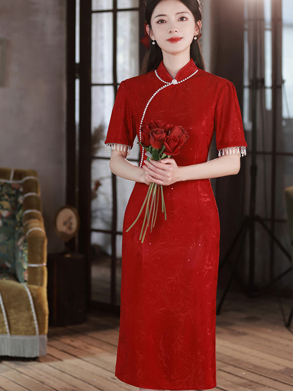 Red Shimmery Jacquard Wedding Bride Qipao Cheongsam Dress