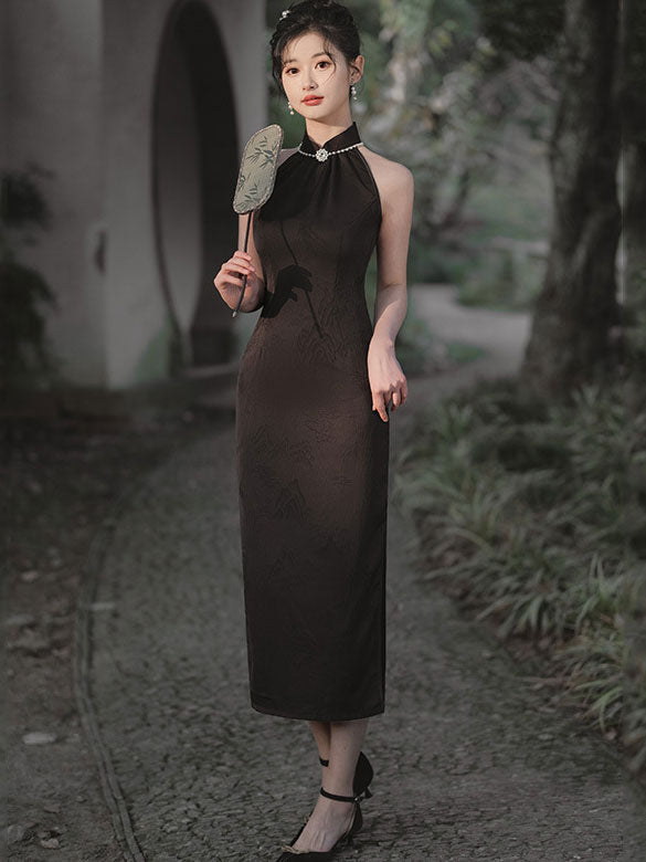 Black Jacquard Floral Halter Cheongsam Qipao Dress