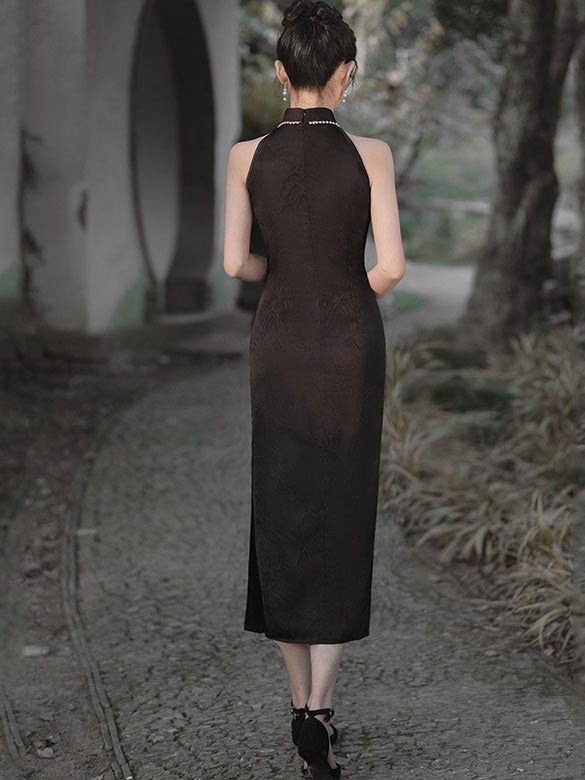 Black Jacquard Floral Halter Cheongsam Qipao Dress