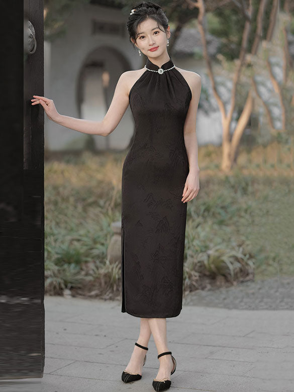 Black Jacquard Floral Halter Cheongsam Qipao Dress