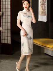 White Bamboo Jacquard Midi Cheongsam Qipao Dress