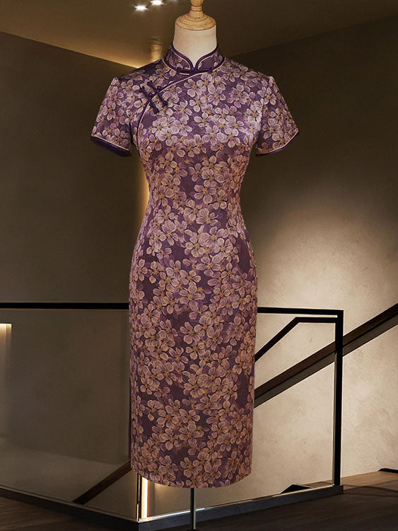 Purple Floral Print Mothers Cheongsam Qipao Dress