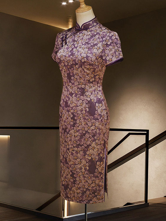 Purple Floral Print Mothers Cheongsam Qipao Dress