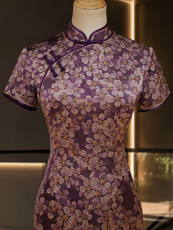 Purple Floral Print Mothers Cheongsam Qipao Dress