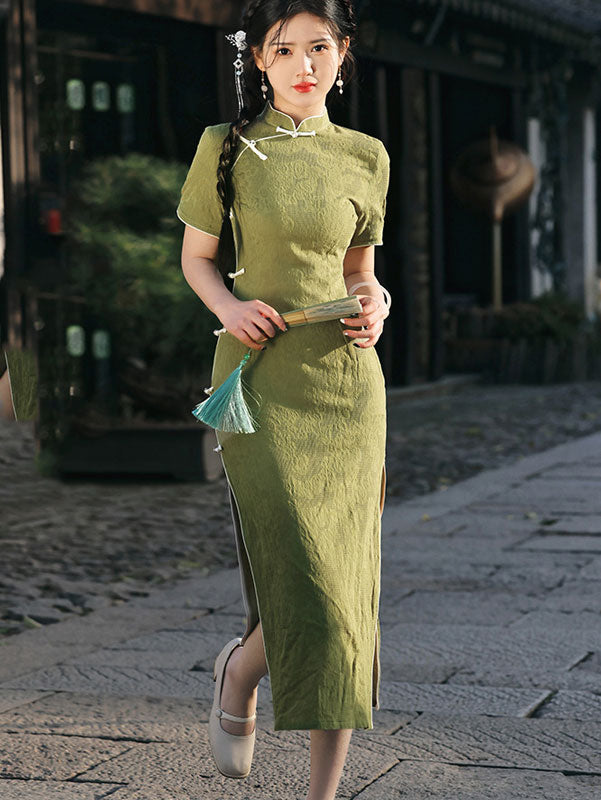 Green Pink Jacquard Linen Qipao Cheongsam Dress