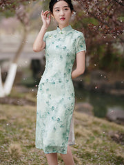 2024Green Floral Midi Qipao Cheongsam Dress