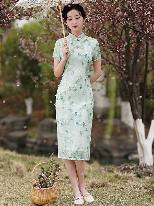 2024Green Floral Midi Qipao Cheongsam Dress