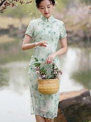 2024Green Floral Midi Qipao Cheongsam Dress