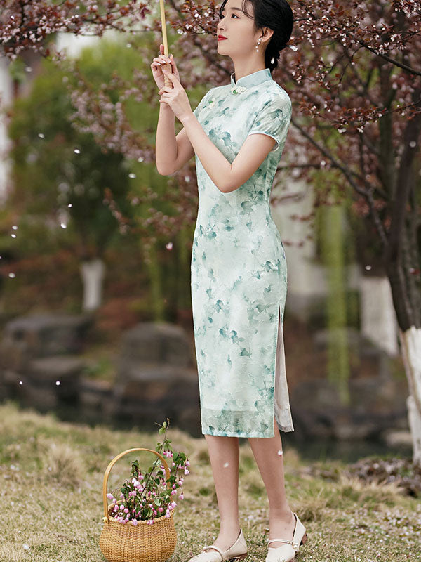 2024Green Floral Midi Qipao Cheongsam Dress