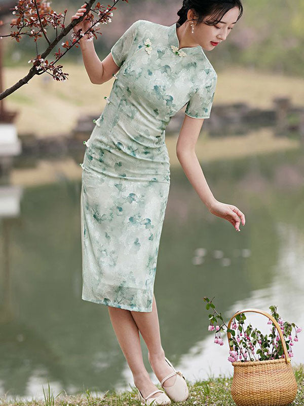 2024Green Floral Midi Qipao Cheongsam Dress