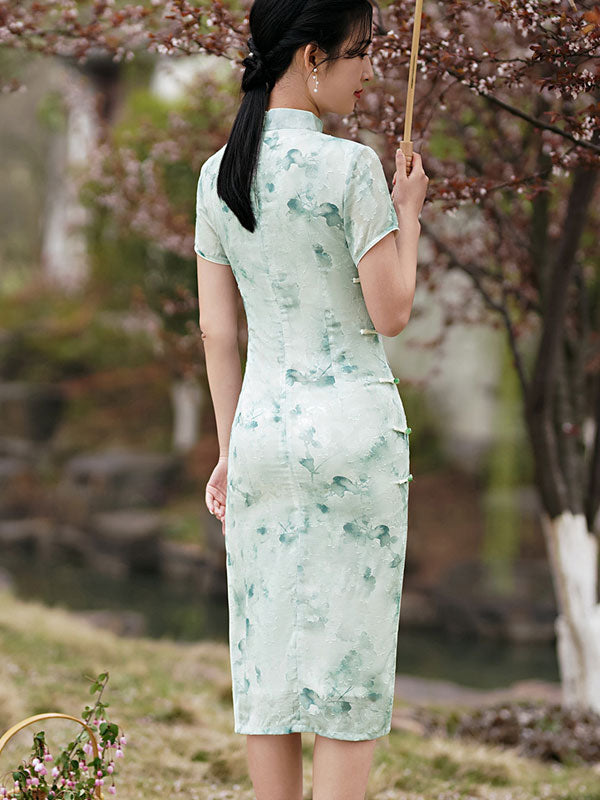 2024Green Floral Midi Qipao Cheongsam Dress