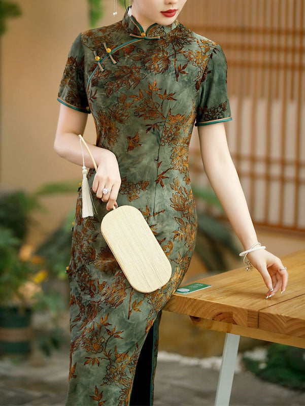 Black Green Floral Velvet Mothers Qipao Cheongsam Dress