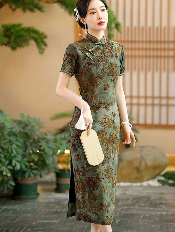 Black Green Floral Velvet Mothers Qipao Cheongsam Dress