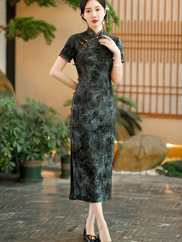 Black Green Floral Velvet Mothers Qipao Cheongsam Dress