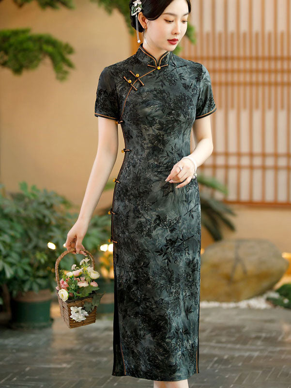 Black Green Floral Velvet Mothers Qipao Cheongsam Dress