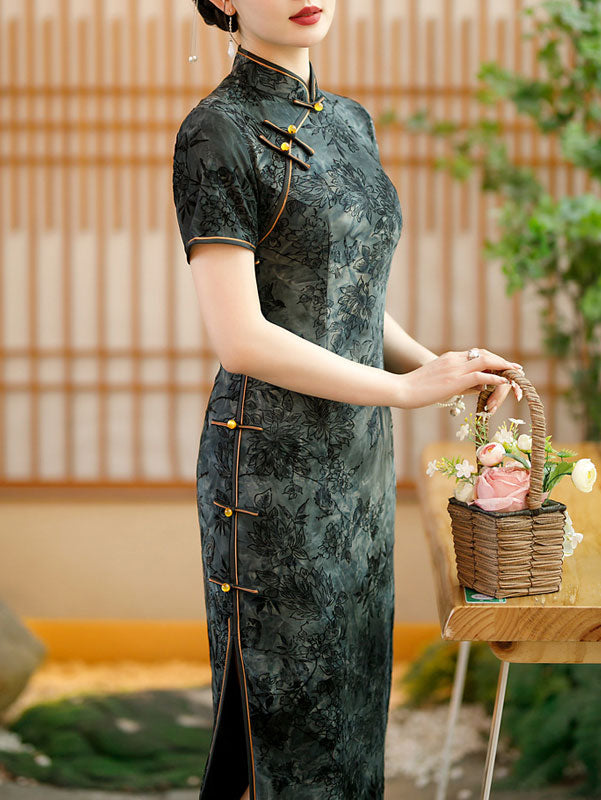 Black Green Floral Velvet Mothers Qipao Cheongsam Dress