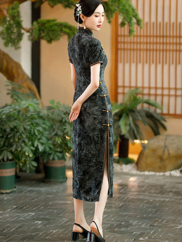 Black Green Floral Velvet Mothers Qipao Cheongsam Dress
