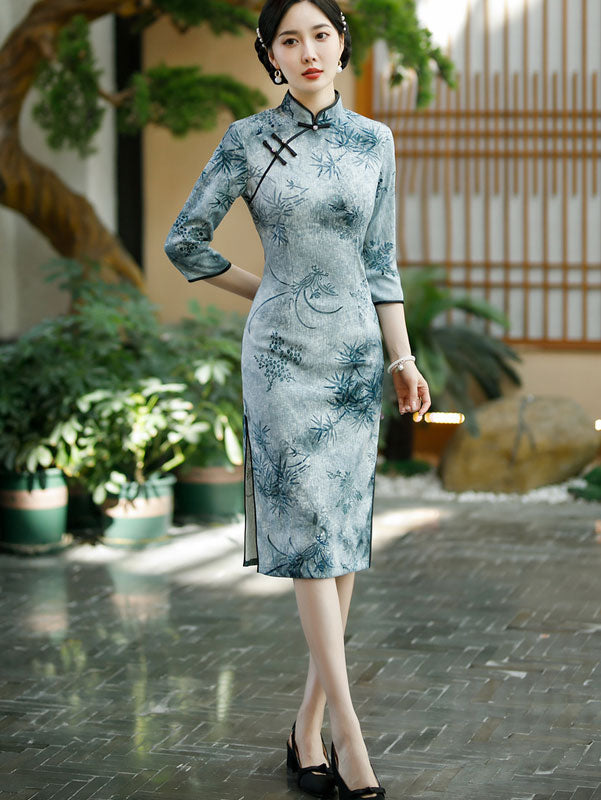 2023 Winter Gray Black Floral Midi Cheongsam Qipao Dress